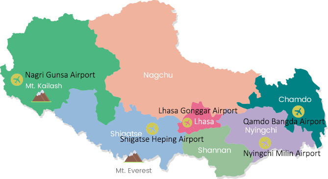 Map of 5 Airports in Tibet