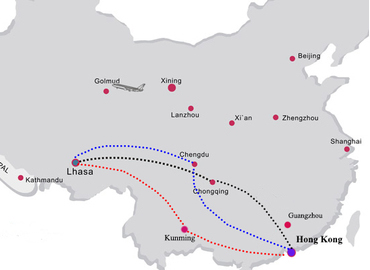 There's no direct flight between Tibet and Hongkong. You can fly to Chengdu, Guangzhou, or Xining then transfer to Tibet. There's no direct flight between Tibet and Hongkong. You can fly to Chengdu, Guangzhou, or Xining then transfer to Tibet.