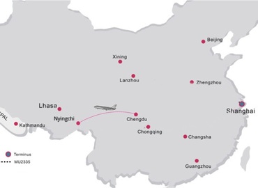 The map of the flight route from Chengdu to Nyingchi The map of the flight route from Chengdu to Nyingchi