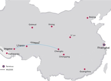 The map of the flight route from Chengdu to Shigatse The map of the flight route from Chengdu to Shigatse