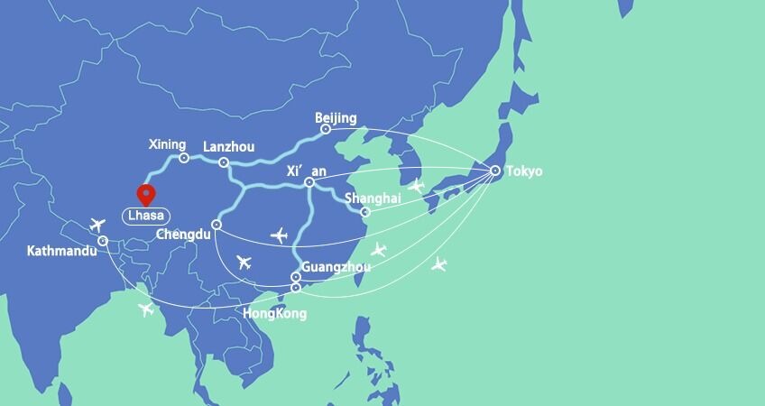 Air routes from Tokyo to Lhasa.